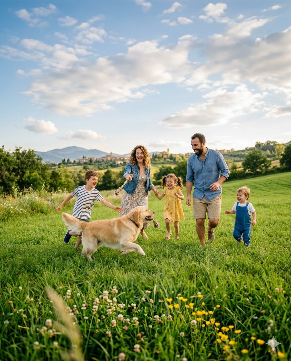 Famiglia felice che gioca con il cane golden retriever in un prato verde italiano